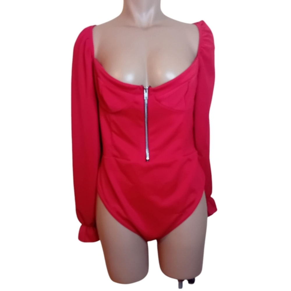 Boohoo Hot Red Zip Up Sexy Poet Puff Sleeve Bodysuit Clubwear Party Rave 12 READ